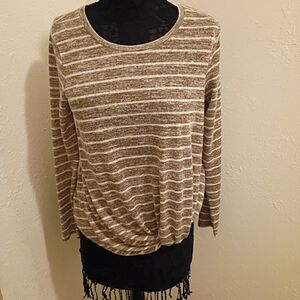 Bobeau Brown and Cream Striped Long Sleeve Top